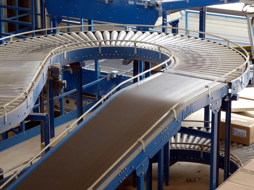 factory, plant, industrial hall, logistics, trade, transport, warehouse, shelf, factory building, conveyor belt, nature, tape